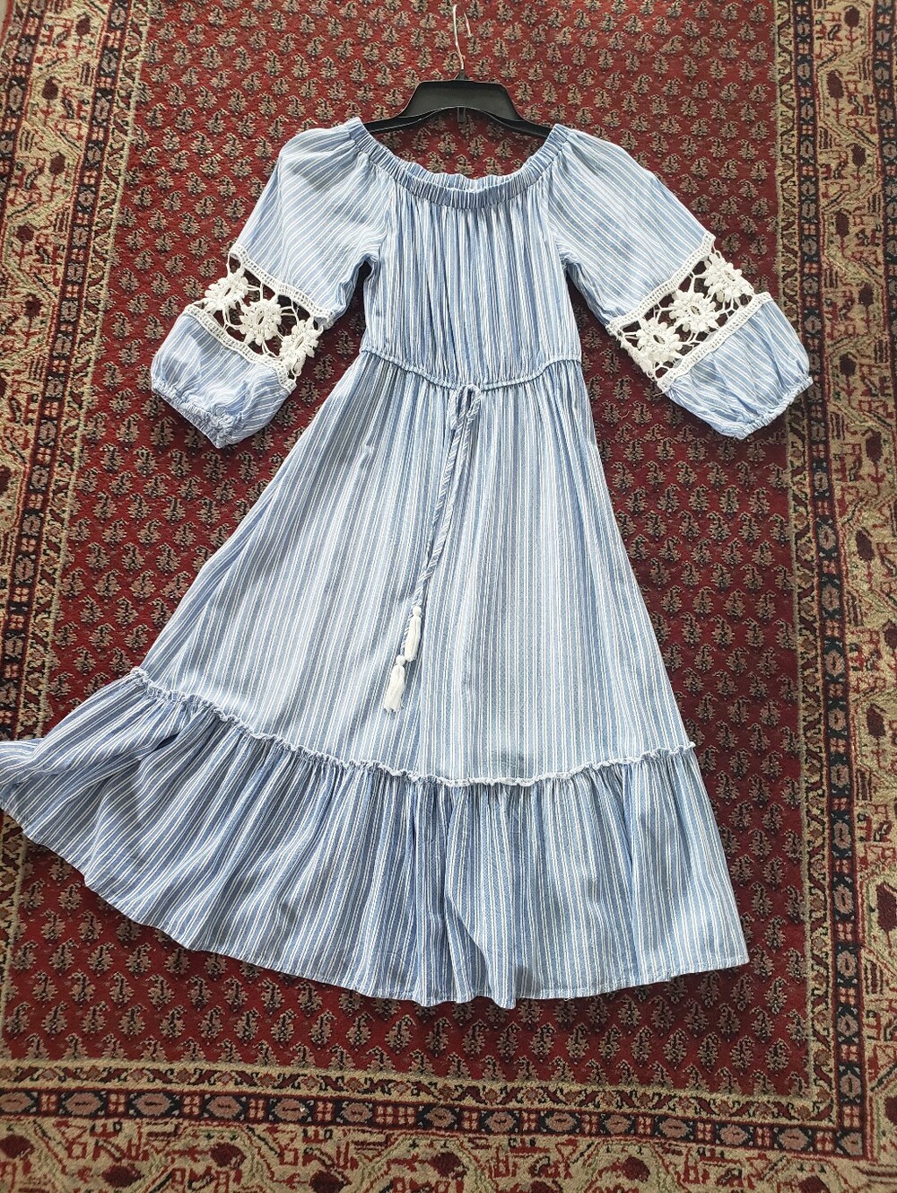 Lapis Boho Striped Off-Shoulder Midi Dress with Crochet Lace & Tassels Small - Picture 4 of 13